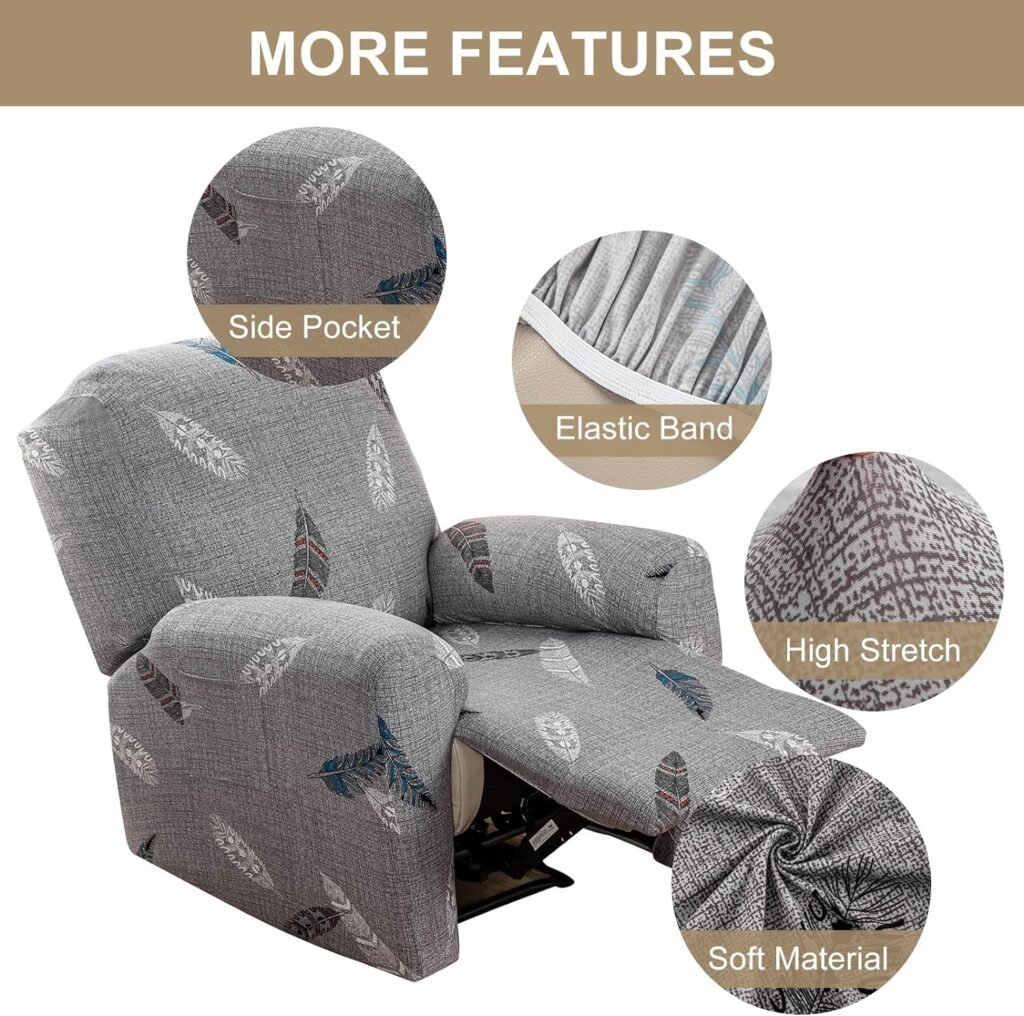 GOSTADY Recliner Slipcover 4Pieces Stretch Recliner Chair Cover Lazy Boy Chair Covers Sofa Slipcover with Side Pocket Elastic Bottom for Rocking Recliner Furniture Protector for Pets Kids Pattern02