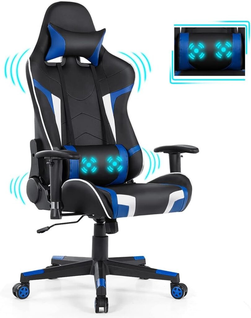 GYMAX Massage Gaming Chair, Racing Computer Swivel Chair with Headrest  Lumbar Support, High Back Ergonomic Office Task Reclining Chair, PC Video Game Chair for Home Work (Blue)