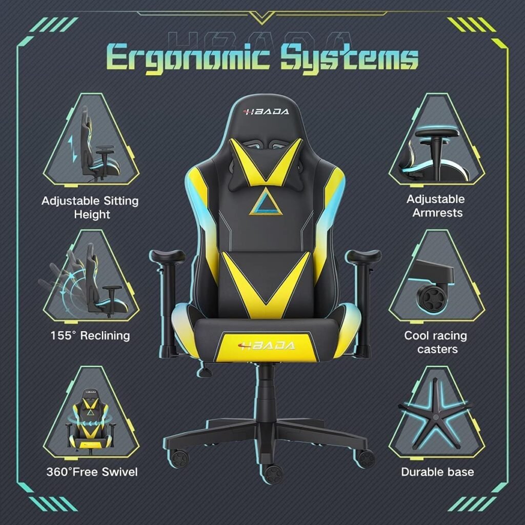 Hbada Gaming Chair Racing Style Ergonomic High Back Computer Chair with Height Adjustment, Headrest and Lumbar Support E-Sports Swivel Chair,Blue-Yellow Gradient