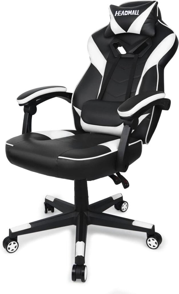 HEADMALL Gaming Chair, Gamer Chair with Lumbar Support and Headrest Height Adjustable Office Chair with 360°-Swivel Seat - Black  White