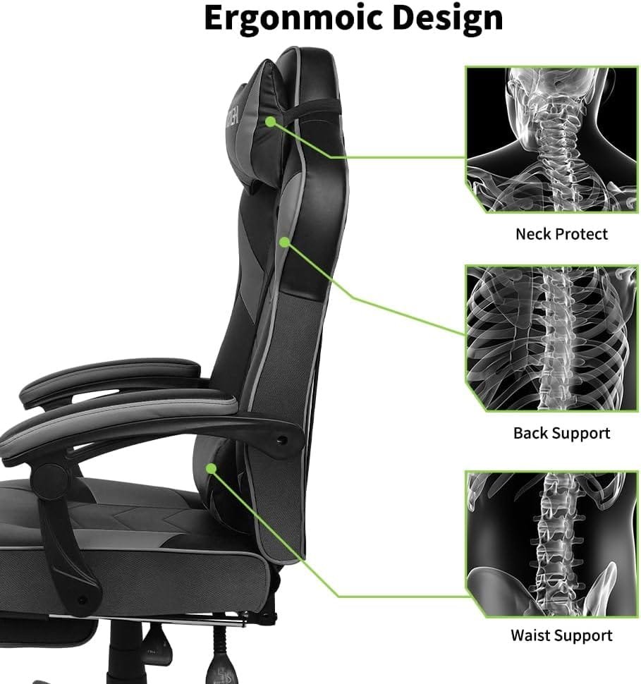 HEADMALL Gaming Chair, Gamer Chair with Lumbar Support and Headrest Height Adjustable Office Chair with 360°-Swivel Seat - Black  White