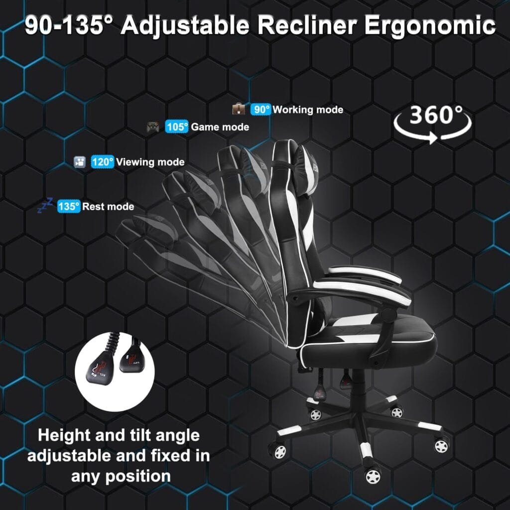 HEADMALL Gaming Chair, Gamer Chair with Lumbar Support and Headrest Height Adjustable Office Chair with 360°-Swivel Seat - Black  White