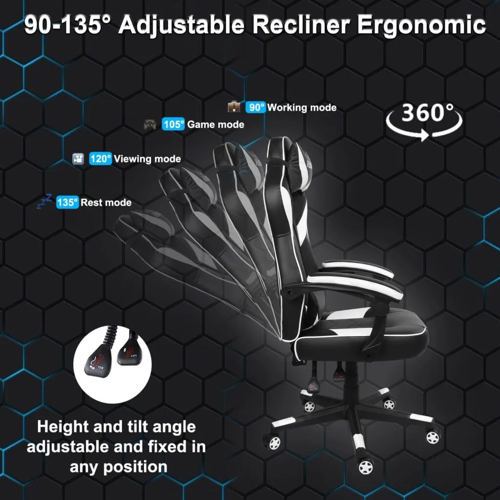 HEADMALL Gaming Chair, Gamer Chair with Lumbar Support and Headrest Height Adjustable Office Chair with 360°-Swivel Seat - Black White HEADMALL Gaming Chair, Gamer Chair with Lumbar Support and Headrest Height Adjustable Office Chair with 360°-Swivel Seat - Black White