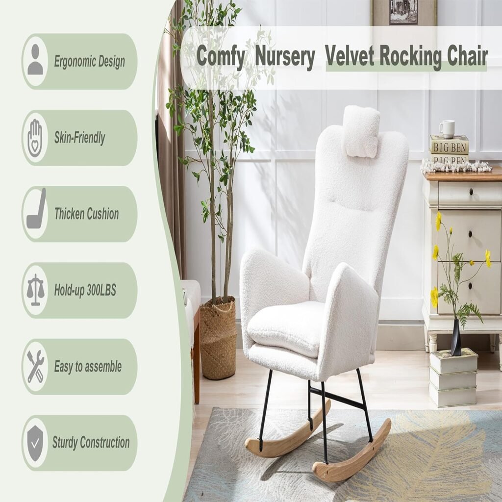 Hforesty Teddy Rocking Chairs, Glider Chair for Nursery with Armrests, Upholstered Velvet Nursery Chair with Headrest, Glider Rocker with Backrest, Comfy Chair for Bedroom, Living Room, Kitchen