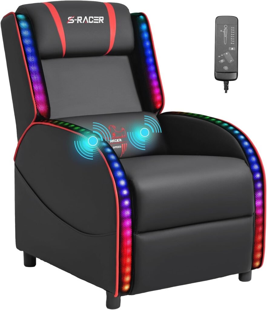 Homall LED Gaming Massage Recliner Chair Racing Style Single Living Room Sofa Recliner PU Leather Recliner Seat Comfortable Ergonomic Home Theater Seating (Red)