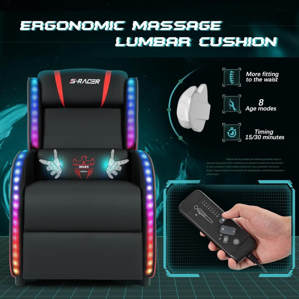 Homall LED Gaming Massage Recliner Chair Racing Style Single Living Room Sofa Recliner PU Leather Recliner Seat Comfortable Ergonomic Home Theater Seating (Red)