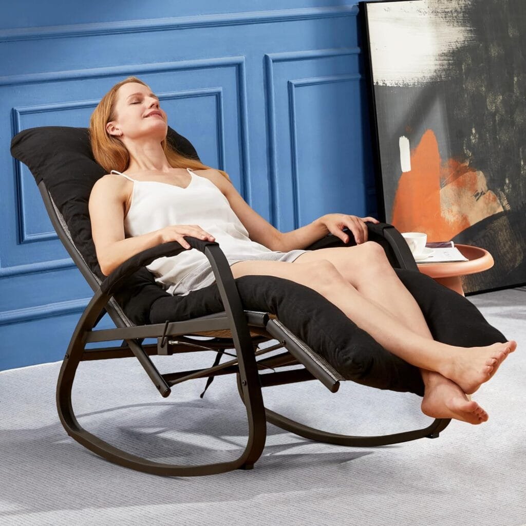 Homguava Rocking Lounger Chair Recliner Textilene Zero Gravity Lounge Rocker with ArmrestHigh Back Patio Chaise Lounge Recliner with CushionsPockets for OutdoorIndoor (Black)