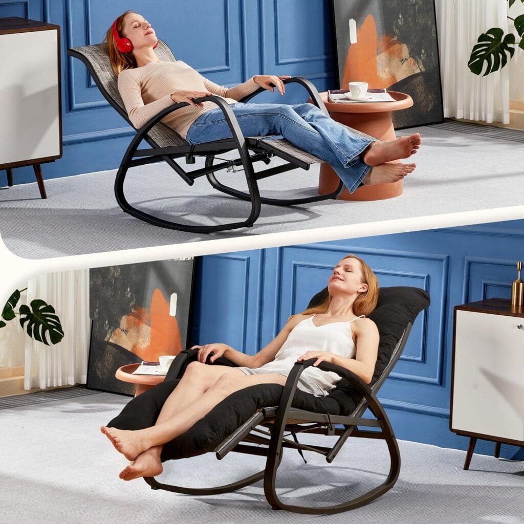 Homguava Rocking Lounger Chair Recliner Textilene Zero Gravity Lounge Rocker with ArmrestHigh Back Patio Chaise Lounge Recliner with CushionsPockets for OutdoorIndoor (Black)