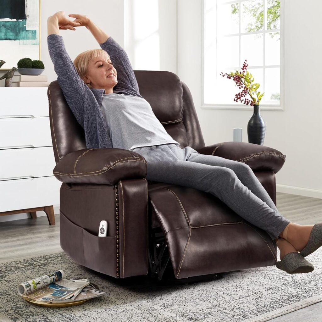 HOMYEDAMIC Heated Massage Leather Recliner Chair, Power Lift Remote Electric Stand Up Motorized Elderly Seniors Ergonomic Wide Big Tall Large Cup Holder USB Port Recliner Sofa (PL9050-Brown)