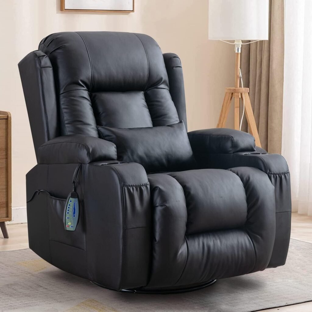 Houjud Manual Recliner Chair, 360° Swivel Rocker Recliner Chair Glider Lounge Chair with Massage and Heated, 2 Cup Holders, Lumbar Pillow and 4 Pockets for Living Room Home Theater (Black)