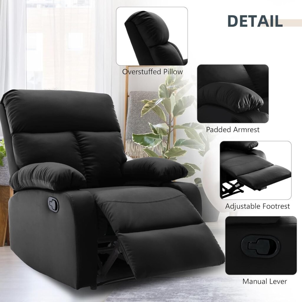 hzlagm Small Manual Recliner Chair, Reclining Chairs with Overstuffed Arms and Back, Single Recliner Sofa for Living Room, Bedroom(Black)