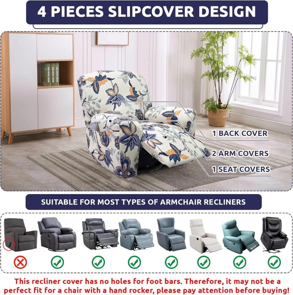 Iauddy Recliner Slipcover-Stretch Soft Slip Reclining Chair Slipcovers 4 -Pieces Furniture Protector for Recliner with Pocket Fitted Sofa Couch Cover Lazy Boy Chair Cover