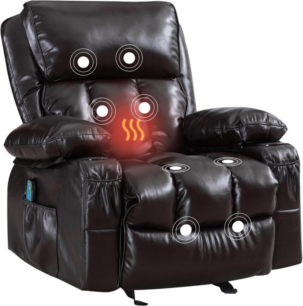 INMOZATA Recliner Chair for Elderly Leather Reclining Chair with Massage and Heat Rocker Chair for Living Room Nursery Gaming Theater, Cup Holders and USB Ports Included, Brown