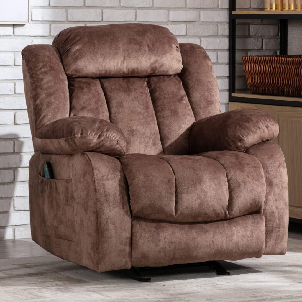 INZOY Rocker Recliner with Heat and Vibration, Manual Swivel Rocking Recliner Chair with Vibrating Massage, Comfy Padded Overstuffed Soft Fabric Heated Recliner (Brown)