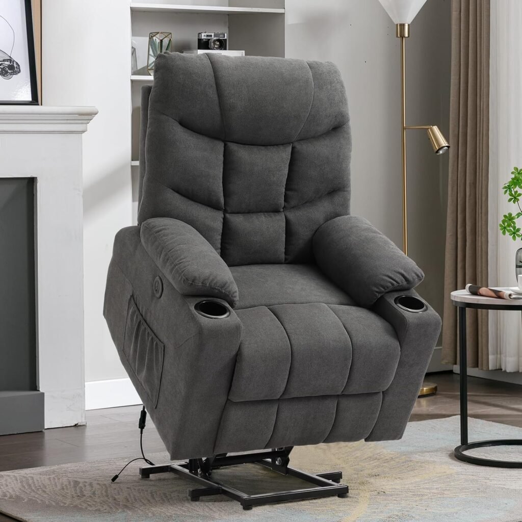 IPKIG Power Lift Chair Recliner for Elderly, Lift Chair with Heated Vibration Massage, Fabric Cloth Electric Recliner Chair with Side Pockets, USB Port and Cup Holders for Living Room (Gray)