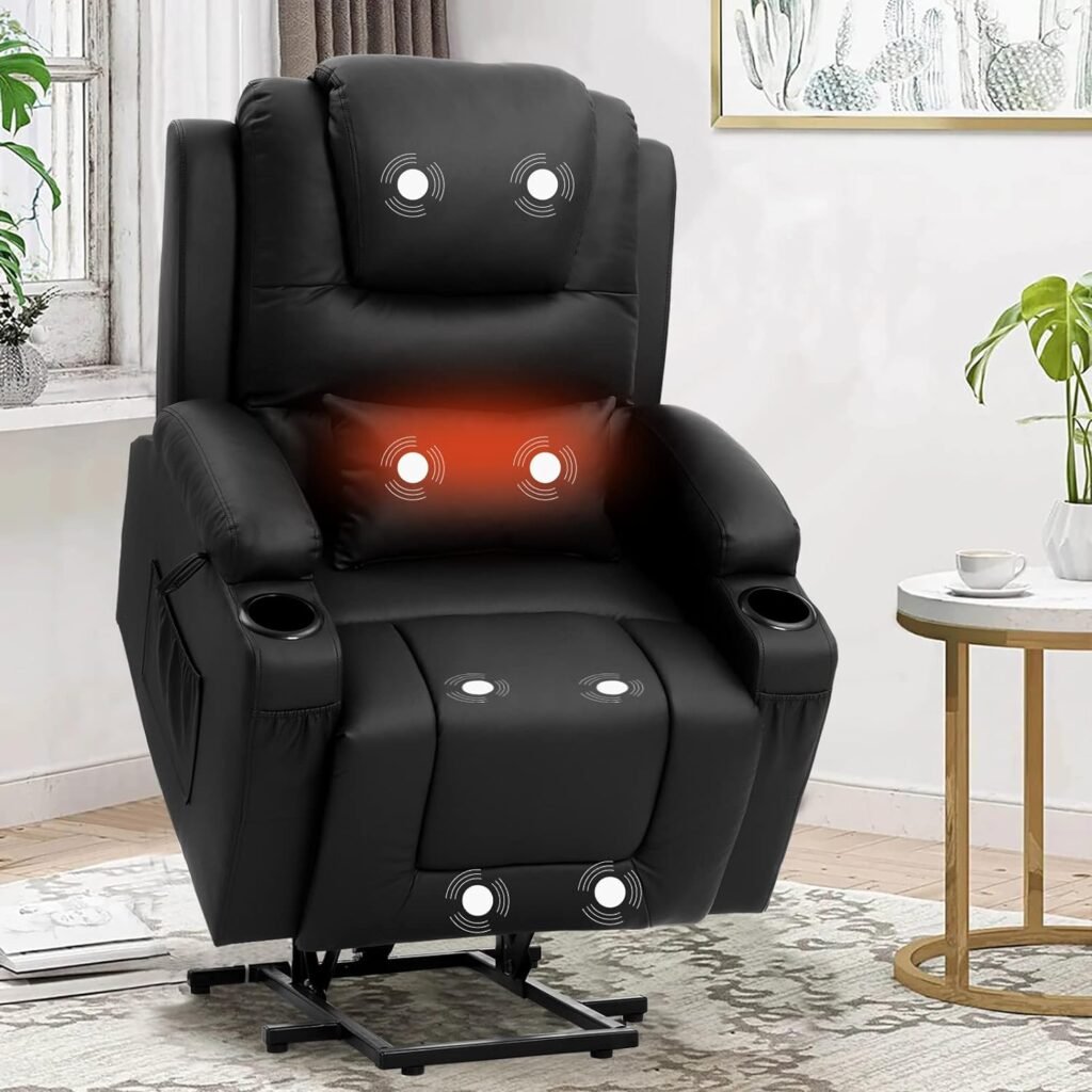 IPKIG Power Lift Recliner Chair for Elderly with Massage and Heated, PU Leather Electric Recliner Chair with USB Ports, Remote Control, Cup Holders  4 Side Pockets for Home Living Room (Black)