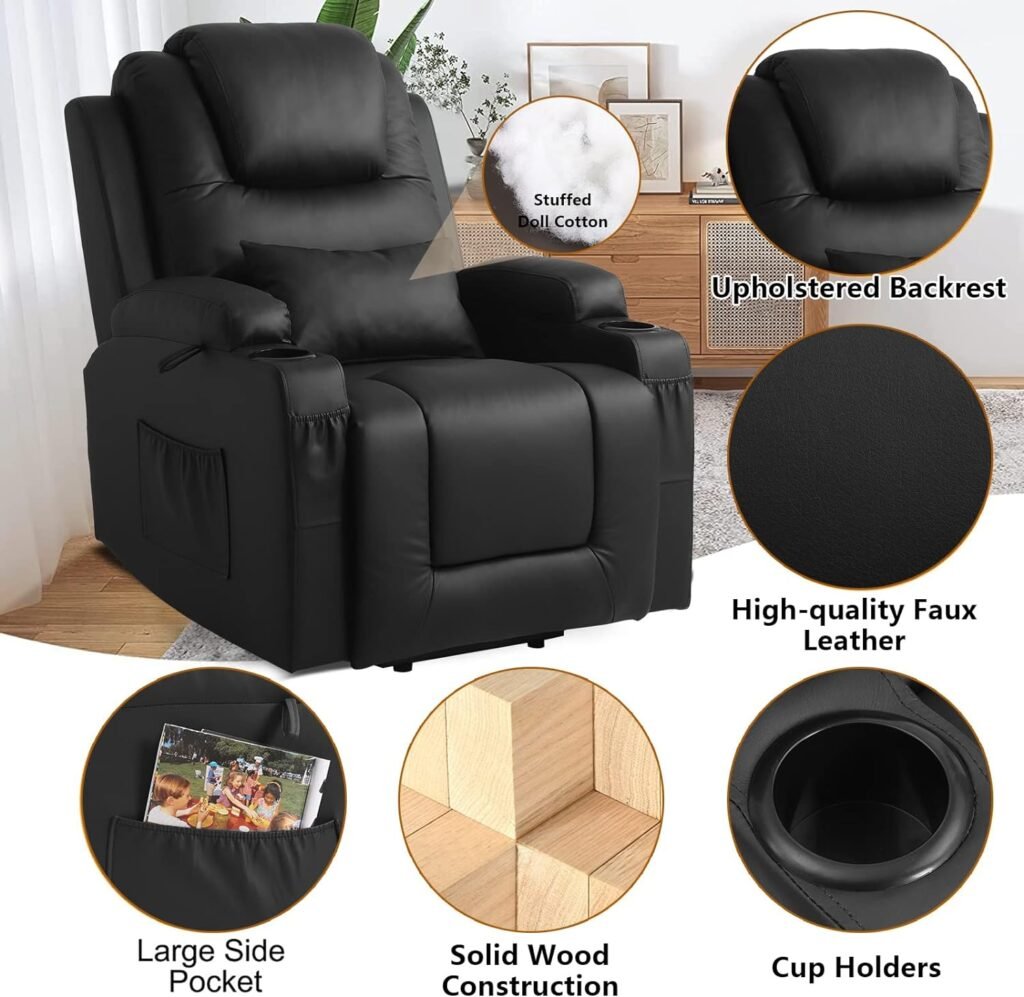 IPKIG Power Lift Recliner Chair for Elderly with Massage and Heated, PU Leather Electric Recliner Chair with USB Ports, Remote Control, Cup Holders  4 Side Pockets for Home Living Room (Black)