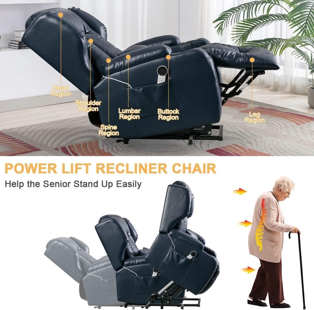 IPKIG Power Lift Recliner Chair- Lift Chair Recliner for Elderly, Breath Leather Wingback Massage Recliner Chair with Heat, Lumbar Pillow, Side Pocket, Type-C Ports, Cup Holder for Living Room, Blue