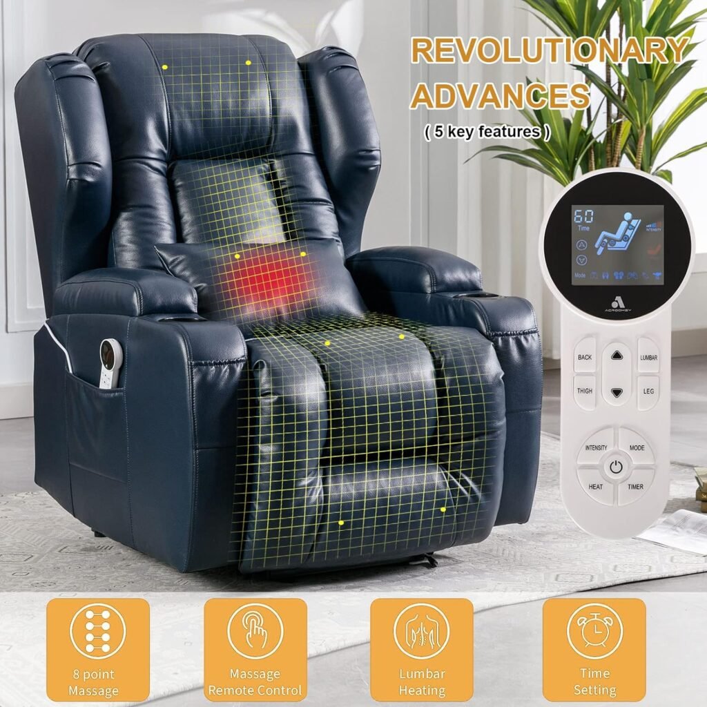 IPKIG Power Lift Recliner Chair- Lift Chair Recliner for Elderly, Breath Leather Wingback Massage Recliner Chair with Heat, Lumbar Pillow, Side Pocket, Type-C Ports, Cup Holder for Living Room, Blue