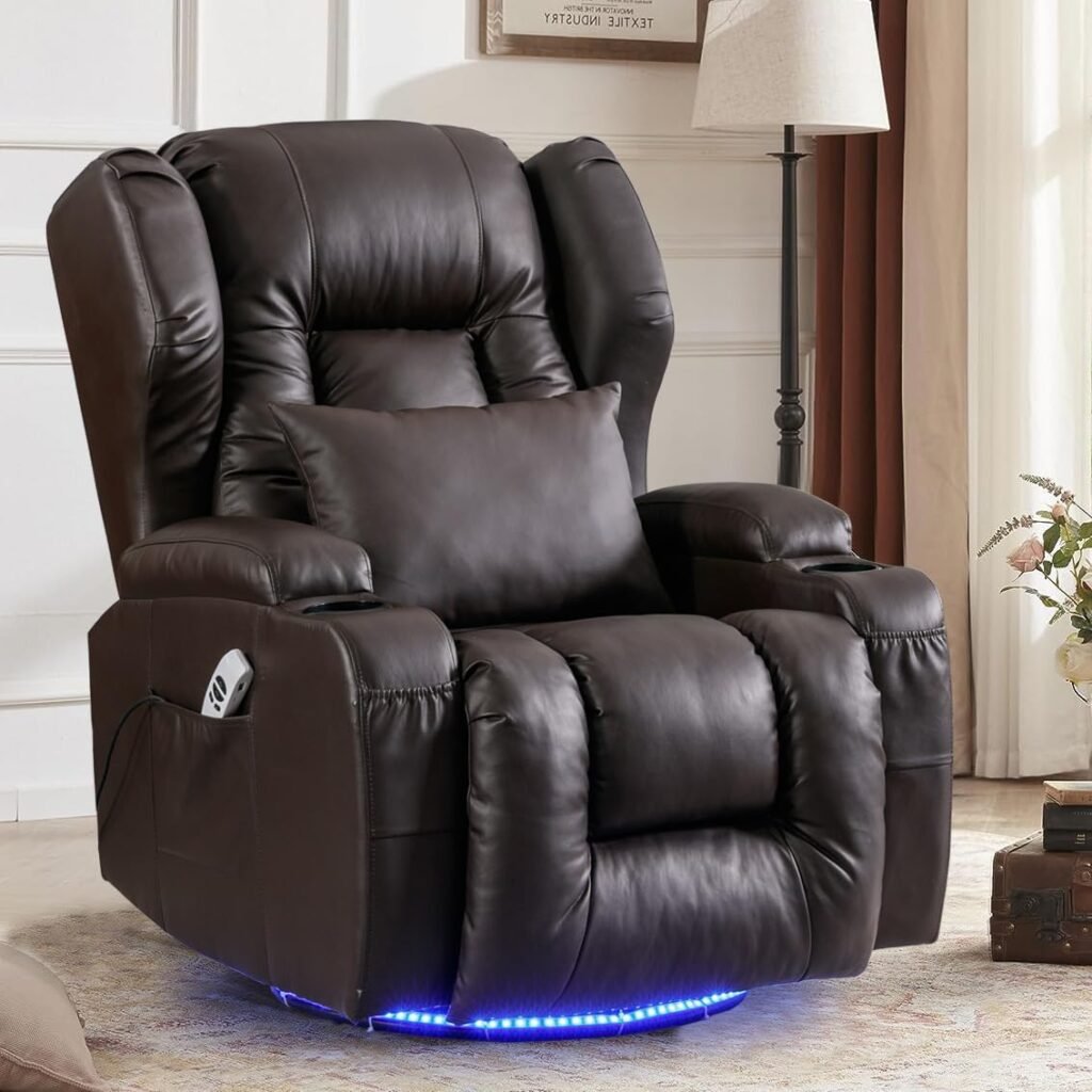 IPKIG Power Recliner Chair, 270° Swivel Rocker Recliner Electric Glider Reclining Sofa with Heated and Massage, USB Port, Side Pocket, Cup Holder and LED Light for Living Room, Nursery (Brown)