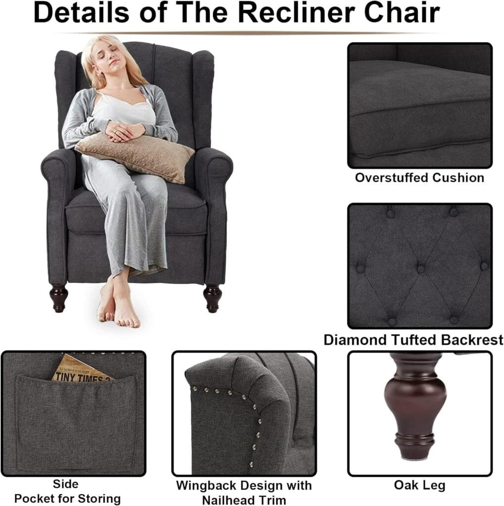 IPKIG Recliner Chair, Wingback Design Living Room Accent Chair with 6 Points Vibration Massage and Heat, Upholstered Button Tufted, Mid Century Modern Reading Chair for Bedroom, Study Room (Dark Grey)