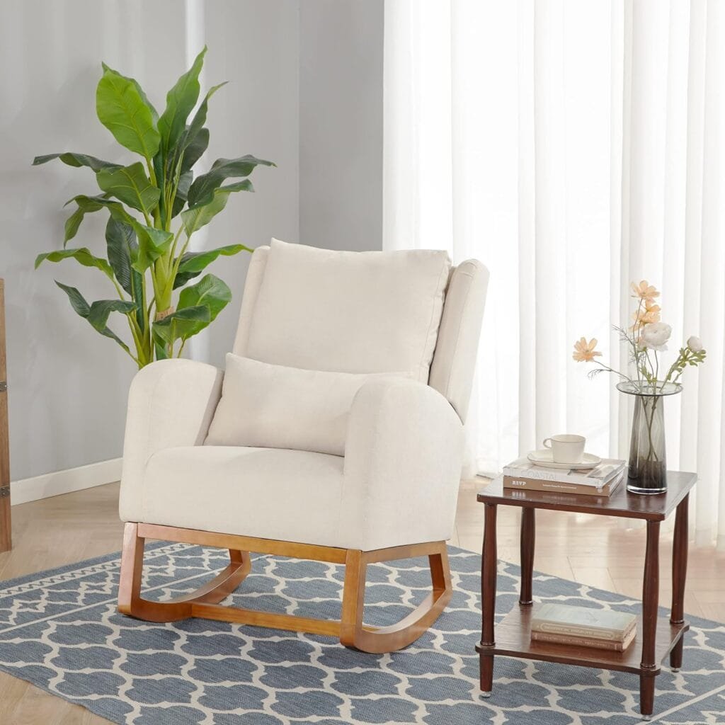 Iroomy Wooden Rocking Chair Nursery Rocking Chairs for Living Room, Nursery Glider Rocker Glider Chair for Nursery Chair for Baby/Kids Bedroom, Nursing Chair with High Backrest+2 Pockets(Beige)