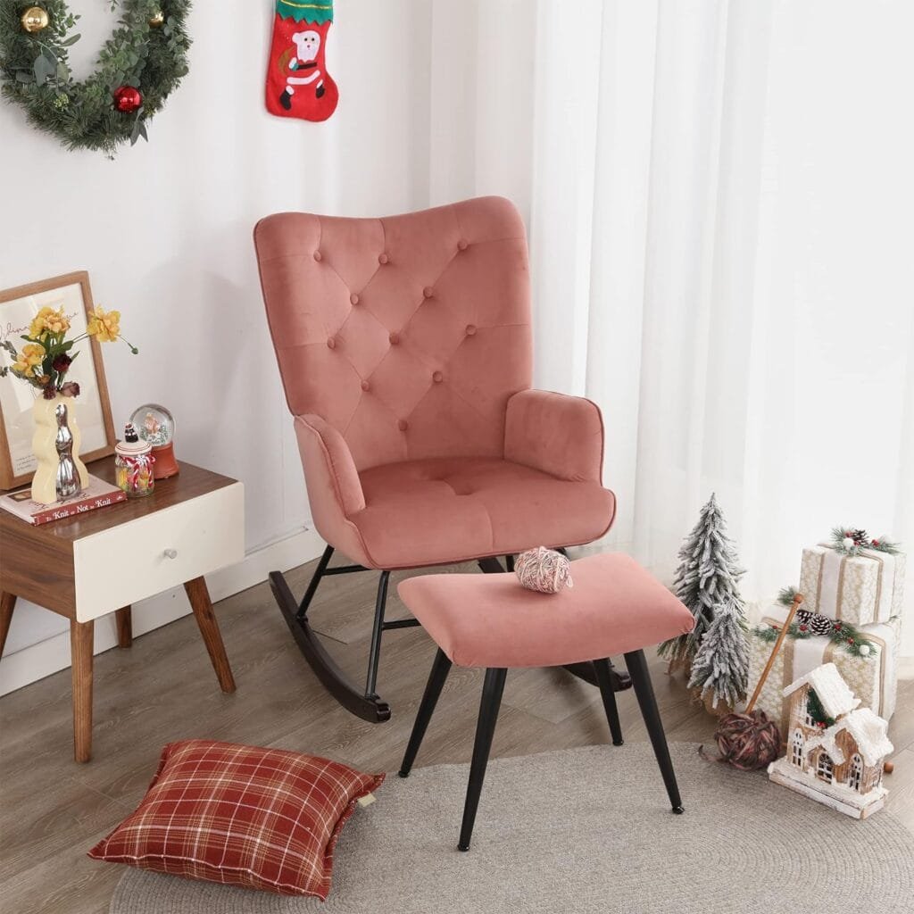 Iroomy Wooden Rocking Chair Nursery Rocking Chairs for Living Room, Nursery Glider Rocker Glider Chair for Nursery Chair for Baby/Kids Bedroom, Nursing Chair with High Backrest+2 Pockets(Beige)