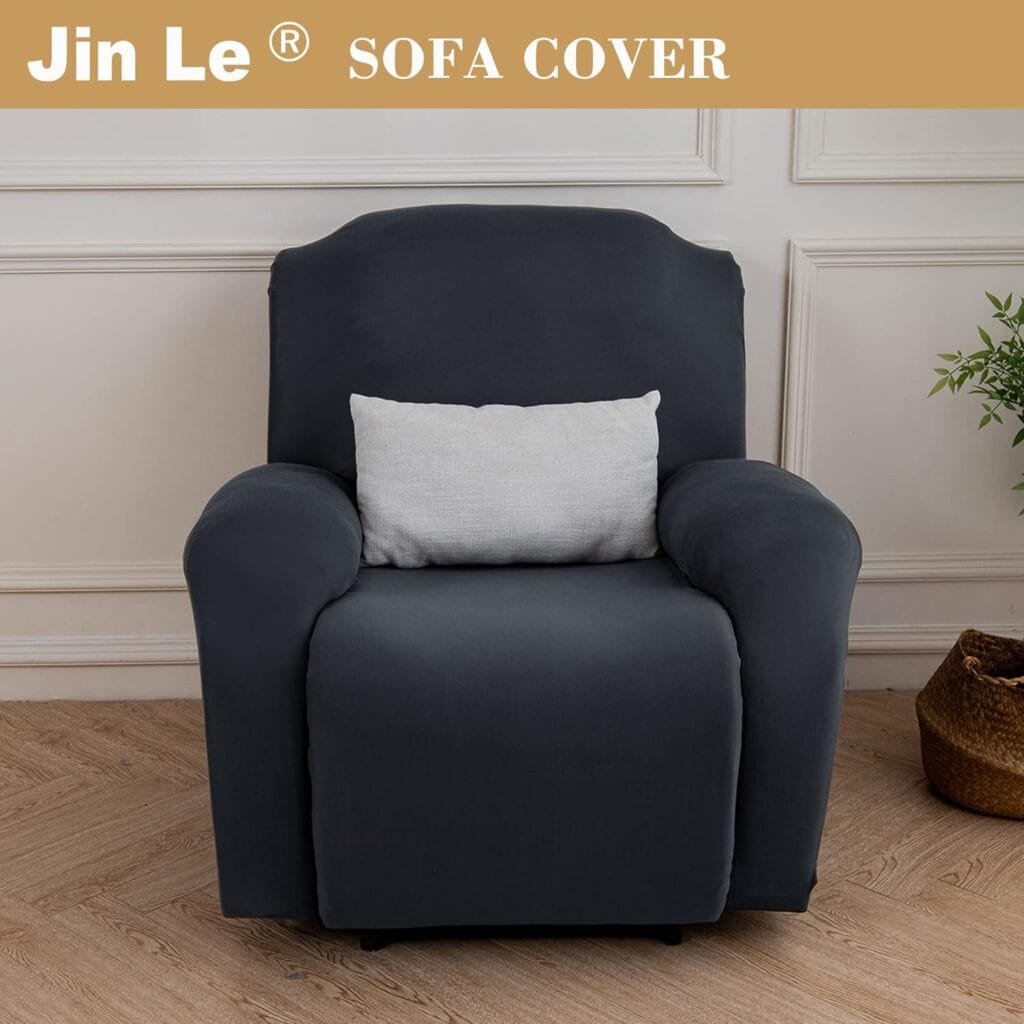 Jin Le Recliner Chair Covers Stretch Recliner Cover(Recliner, Drak Gray) 4 Pieces Recliner Cover for Large Recliner Soft Spandex with Pocket Elastic Bottom and Ties Furniture Protector for Pet