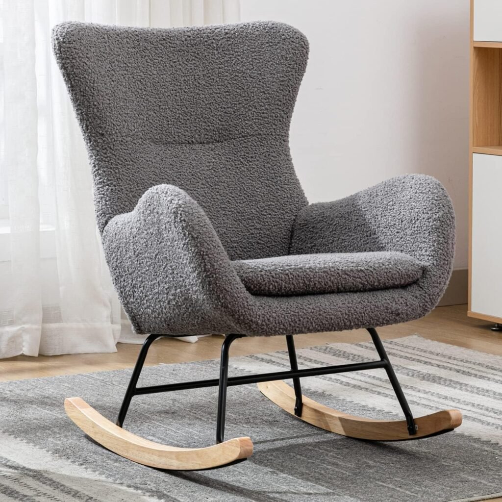 Kiztir Small Rocking Chair Nursery, Modern Rocking Chair with High Backrest, Comfy Accent Glider Chair for Nursery, Living Room, Bedroom (Grey)