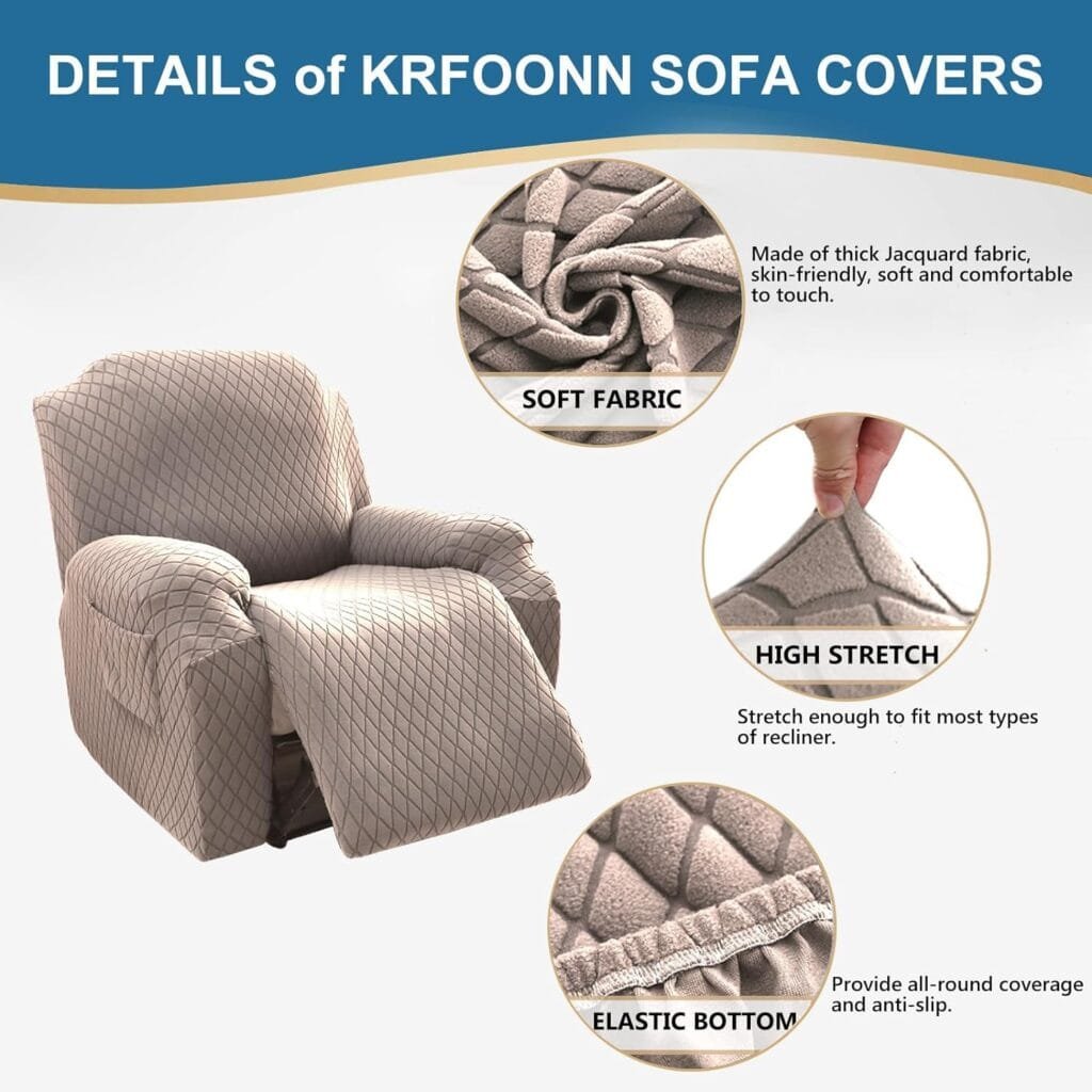 KRFOONN Recliner Slipcovers Printed Stretch Sofa Cover 4-Piece Lazy Boy Chair Covers Furniture Protector Leather Recliner Chair Cover with Side Pocket for Rocking Recliner, C16