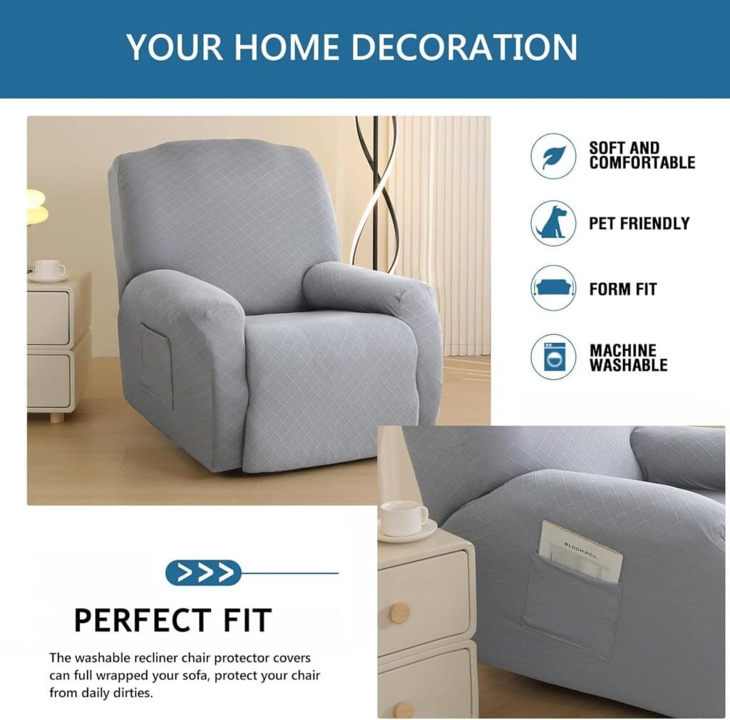KRFOONN Recliner Slipcovers Printed Stretch Sofa Cover 4-Piece Lazy Boy Chair Covers Furniture Protector Leather Recliner Chair Cover with Side Pocket for Rocking Recliner, C16