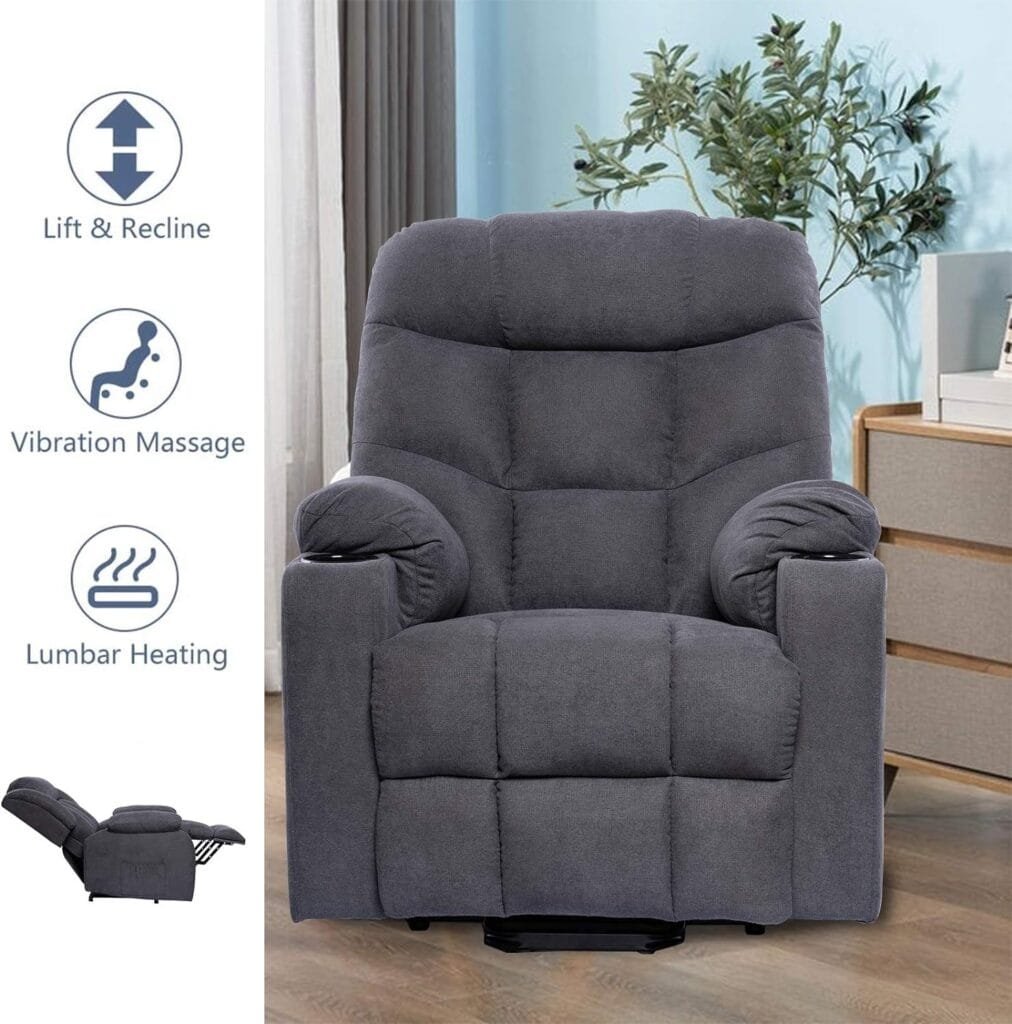 Living Room Power Lift Massage Recliner Chair for Elderly Heated Ergonomic Lounge Fabric Vibratory Massage Chair with Cup Holders/Heating/Remote Control Grey