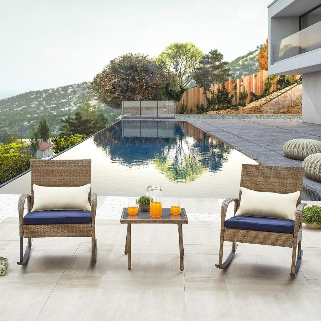 LOKATSE HOME 3 Pcs Outdoor Rattan Conversation Furniture Patio Bistro Wicker Set Modern Rocking Chair with Cushion  Coffee Table, Beige