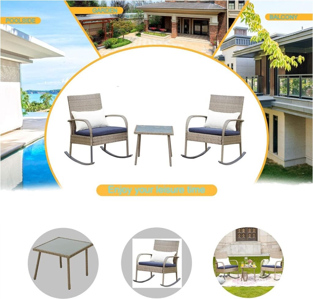LOKATSE HOME 3 Pcs Outdoor Rattan Conversation Furniture Patio Bistro Wicker Set Modern Rocking Chair with Cushion  Coffee Table, Beige