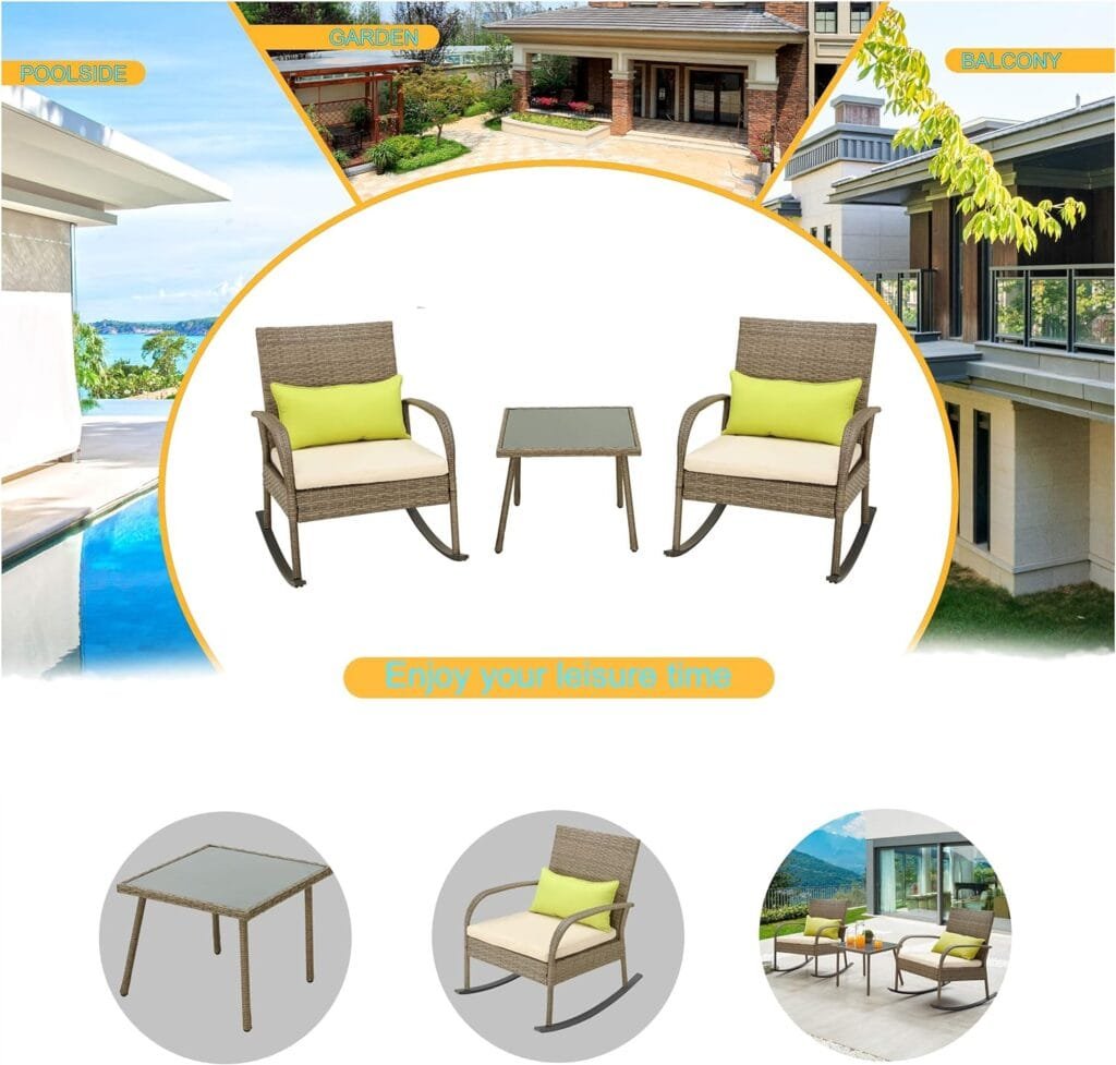LOKATSE HOME 3 Pcs Outdoor Rattan Conversation Furniture Patio Bistro Wicker Set Modern Rocking Chair with Cushion  Coffee Table, Beige