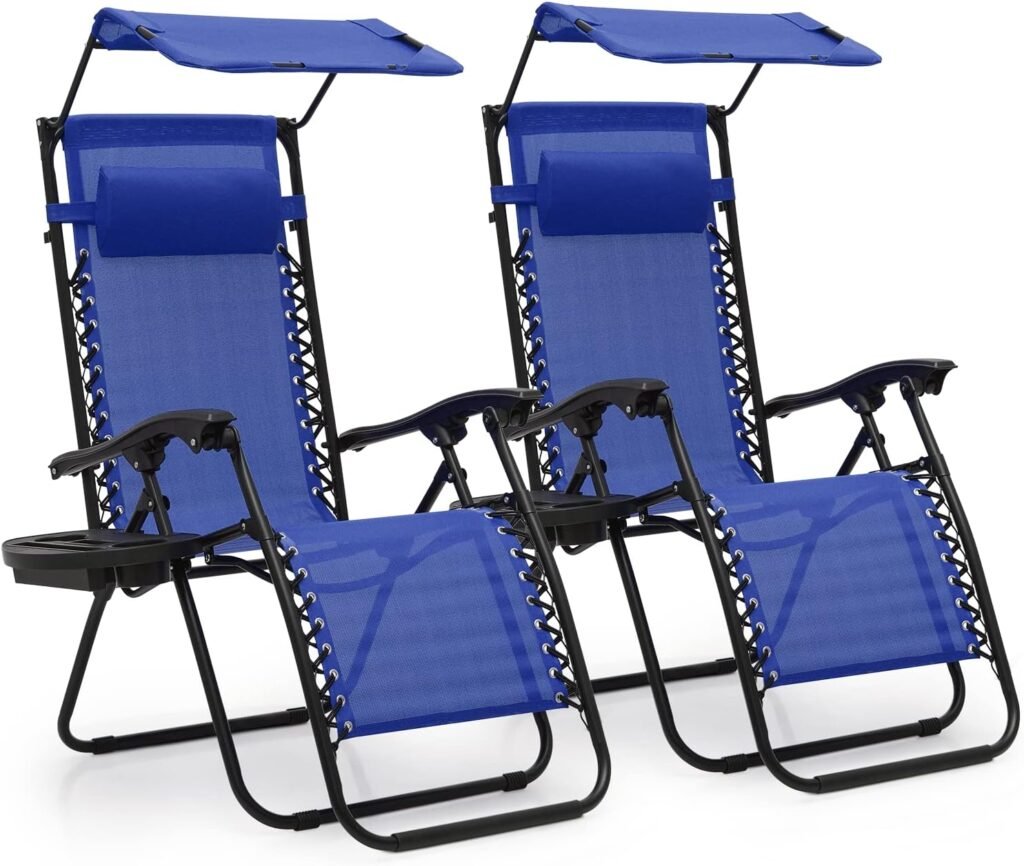 Magshion Outdoor Lawn Folding Lounge Chairs in Breathable Mesh  Portable Deside with Adjustable Canopy Shade, Cup Holders, Side Table and Headrest, Pack of 2, Blue