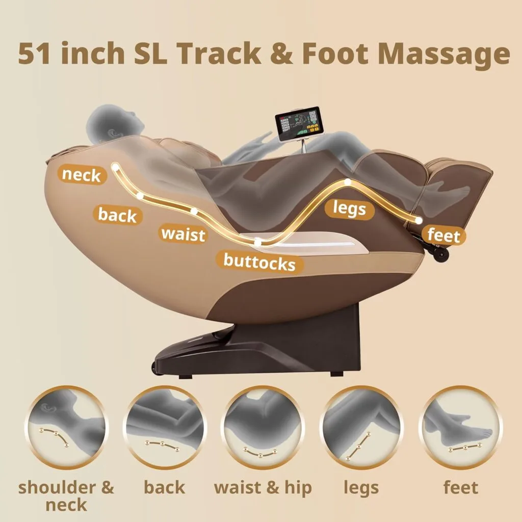 Mazzup Massage Chair Full Body: Full Body Massage Chair with Wireless Charging, Bluetooth, Airbag, Foot Roller, Zero Gravity SL Track 3D Massage Chair MU412 (Brown)
