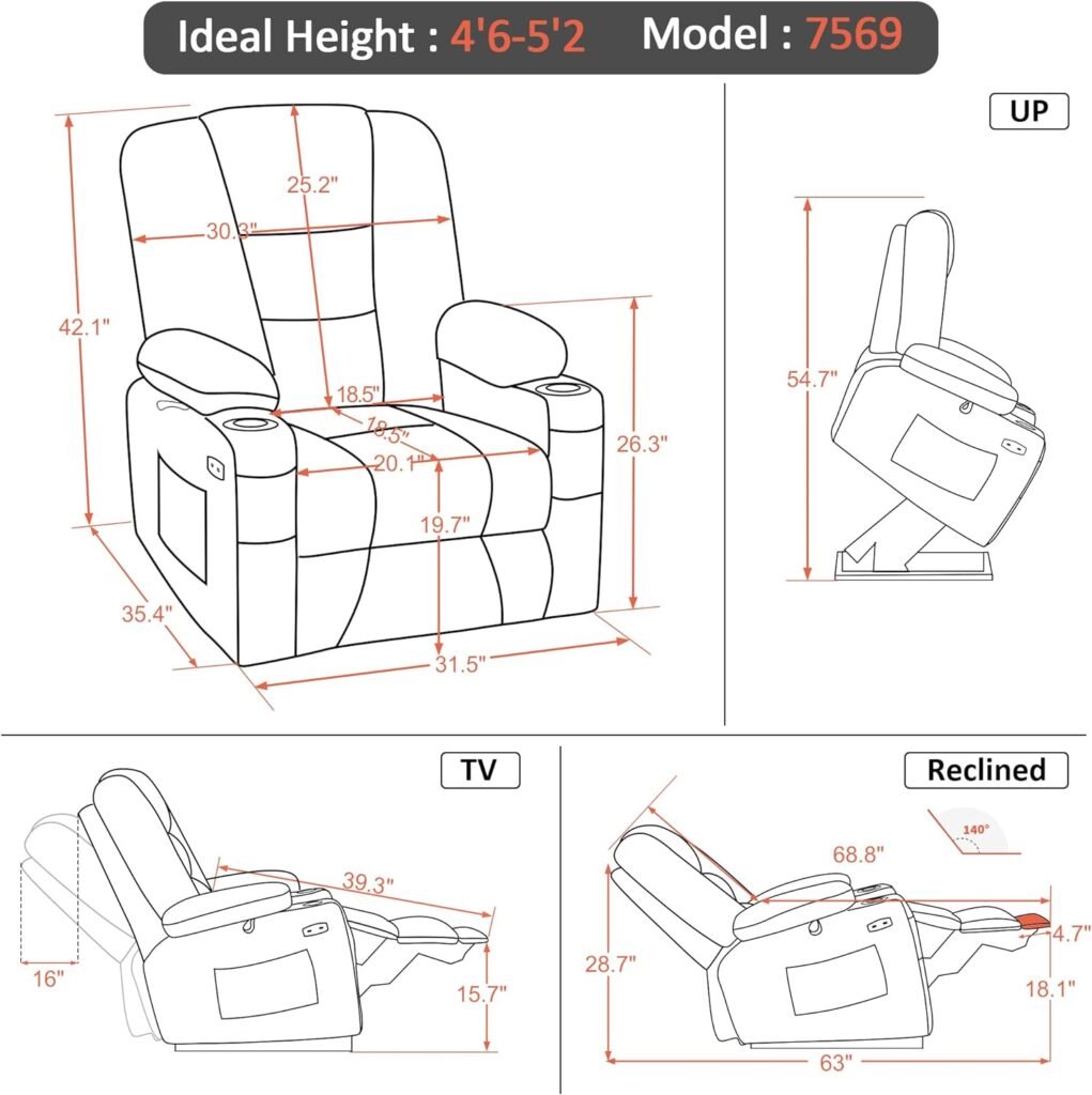 MCombo Small Power Lift Recliner Chair with Massage and Heat for Short People, Fabric 7569 (Small-Regular, Navy Blue)