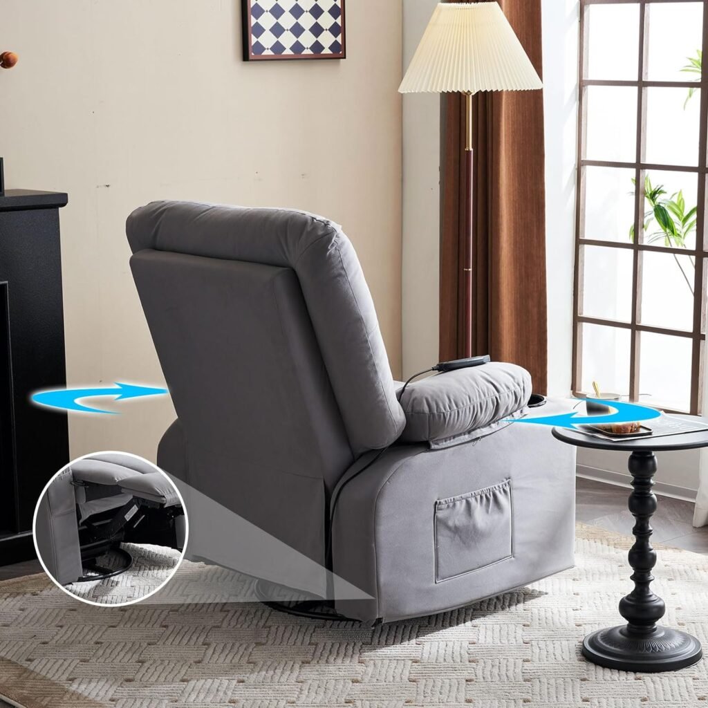 MOJAY Swivel Recliner Chair with Heat and Vibration and Ergonomic Single Sofa Massage Chair Lazy Boy Rocker Chair with Side Pockets, 2 Cup Holders