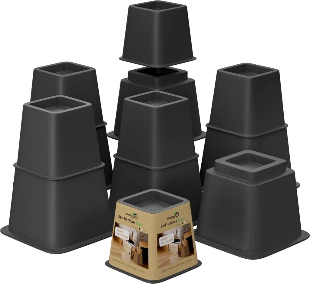MONTIHOLD Bed Risers, Heavy Duty Bed Lifts in Heights of 3, 5 or 8 Inches, Stackable Risers for Sofa, Couch, Chair, Desk, Sofa (Set of 12, Black) MONTIHOLD Bed Risers, Heavy Duty Bed Lifts in Heights of 3, 5 or 8 Inches, Stackable Risers for Sofa, Couch, Chair, Desk, Sofa (Set of 12, Black)