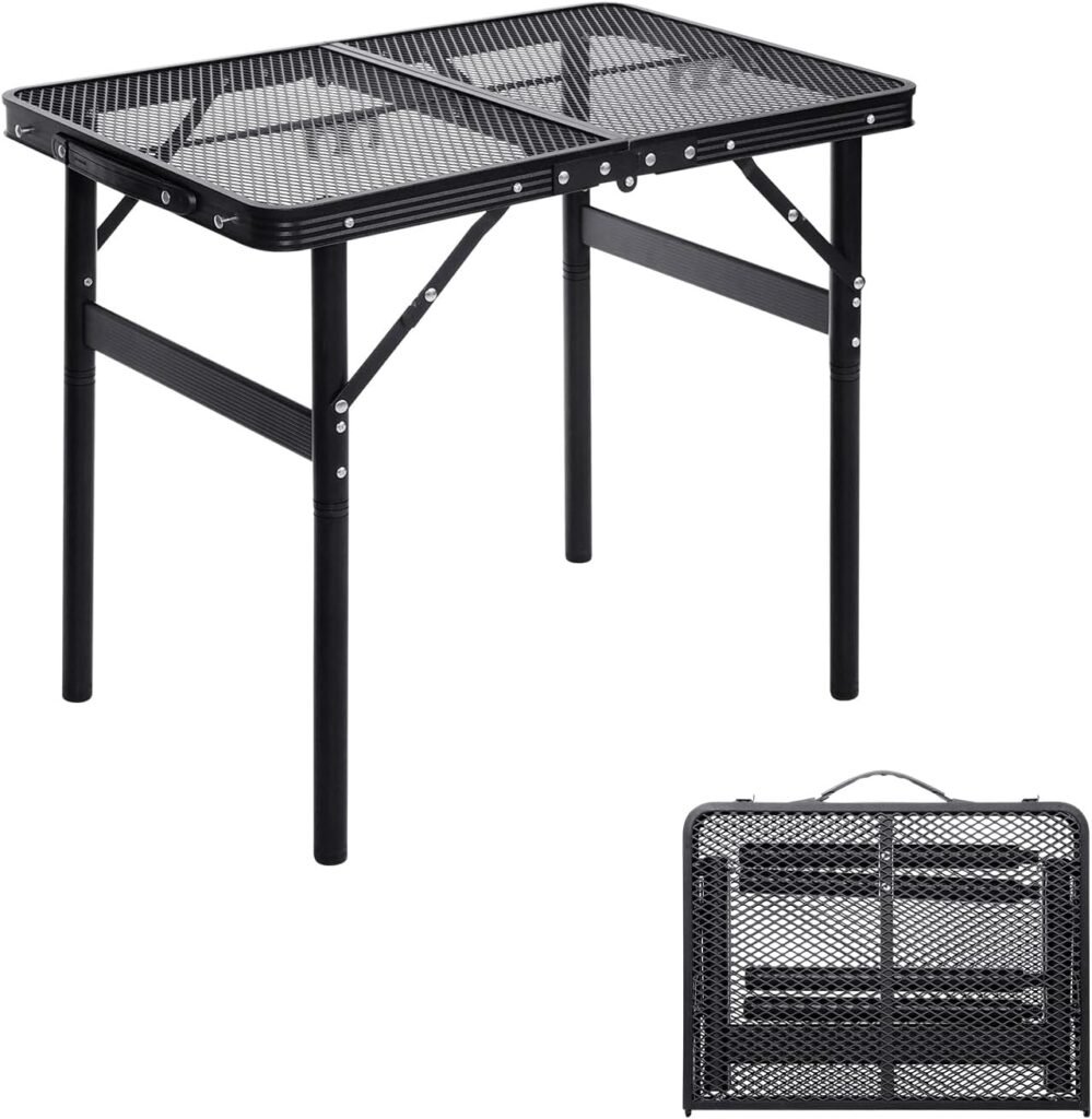 Moosinily Folding Table 2Ft Camping Table with Carry Handle Adjustable Height Picnic Table Mesh Top Small Portable Table for Outdoor Indoor Grill BBQ Travel Barbucue Beach Black