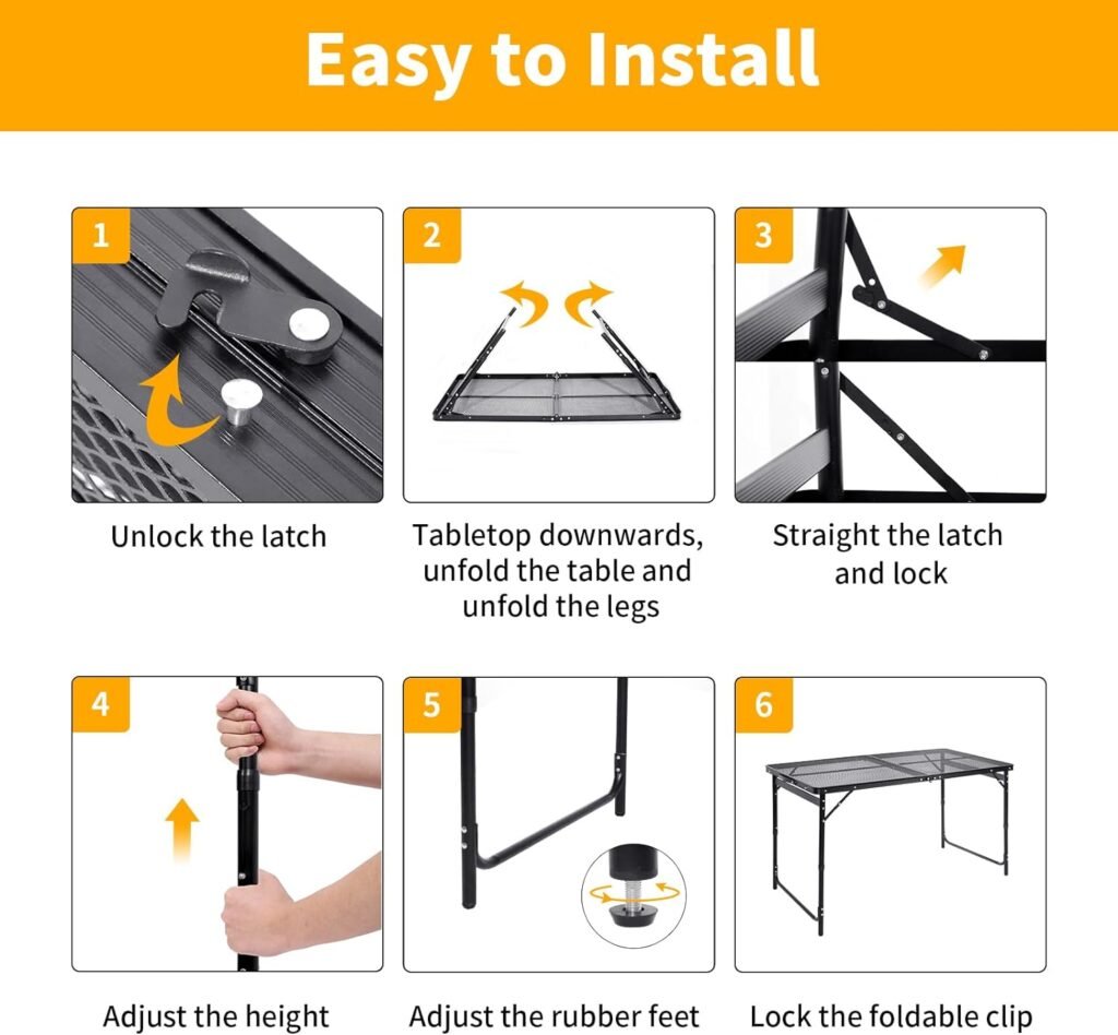 Moosinily Picnic Table 4Ft Grill Table Mesh Top Light Weight Portable Table with Carry Handle Adjustable Height Folding Camping Table for Outdoor Indoor Grill BBQ Travel Barbucue Beach RV Black