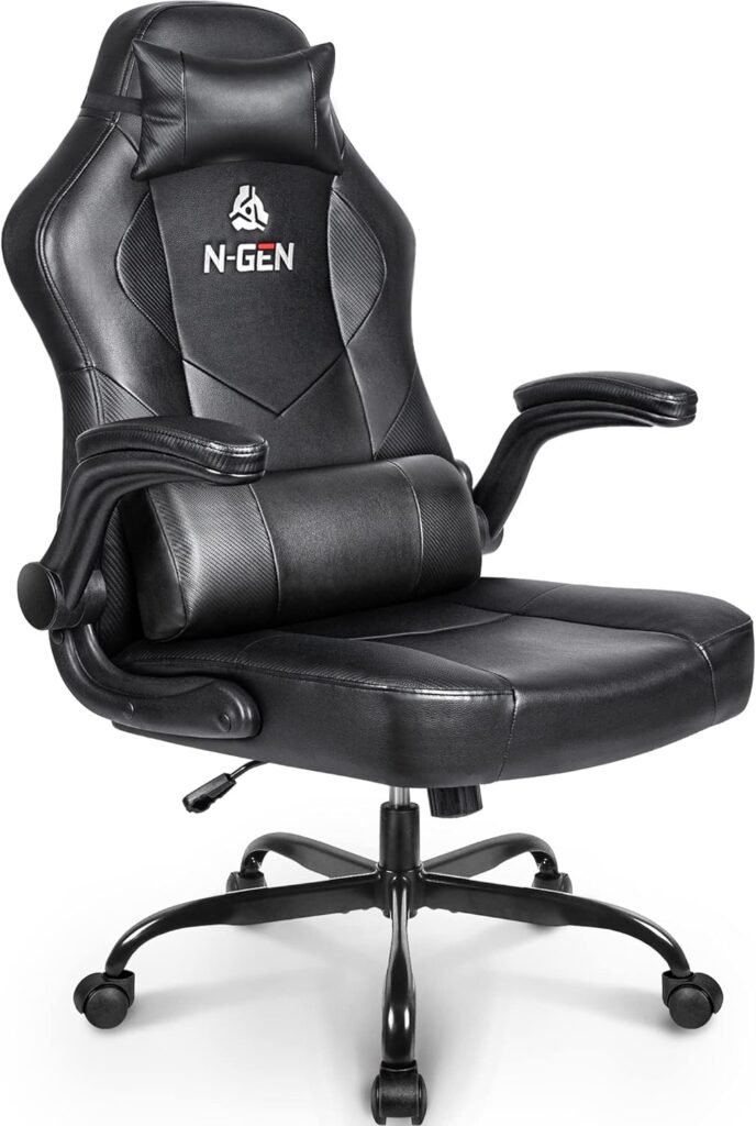 N-GEN Gaming Chair Ergonomic Office Chair PC Desk Chair with Lumbar Support Flip Up Arms Levelled Seat Style Headrest PU Leather Executive High Back Computer Chair for Adults Women Men (4. Black)