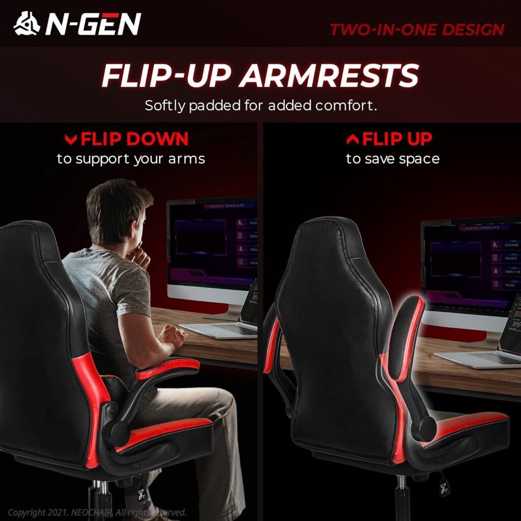 N-GEN Gaming Chair Ergonomic Office Chair PC Desk Chair with Lumbar Support Flip Up Arms Levelled Seat Style Headrest PU Leather Executive High Back Computer Chair for Adults Women Men (4. Black)