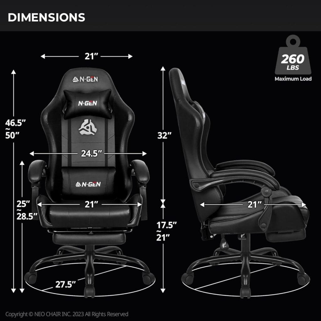 N-GEN Video Gaming Chair with Footrest High Back Ergonomic Comfortable Office Computer Desk with Lumbar Support Height Adjustable with PU Leather Recliner for Adults Women Men (Black)