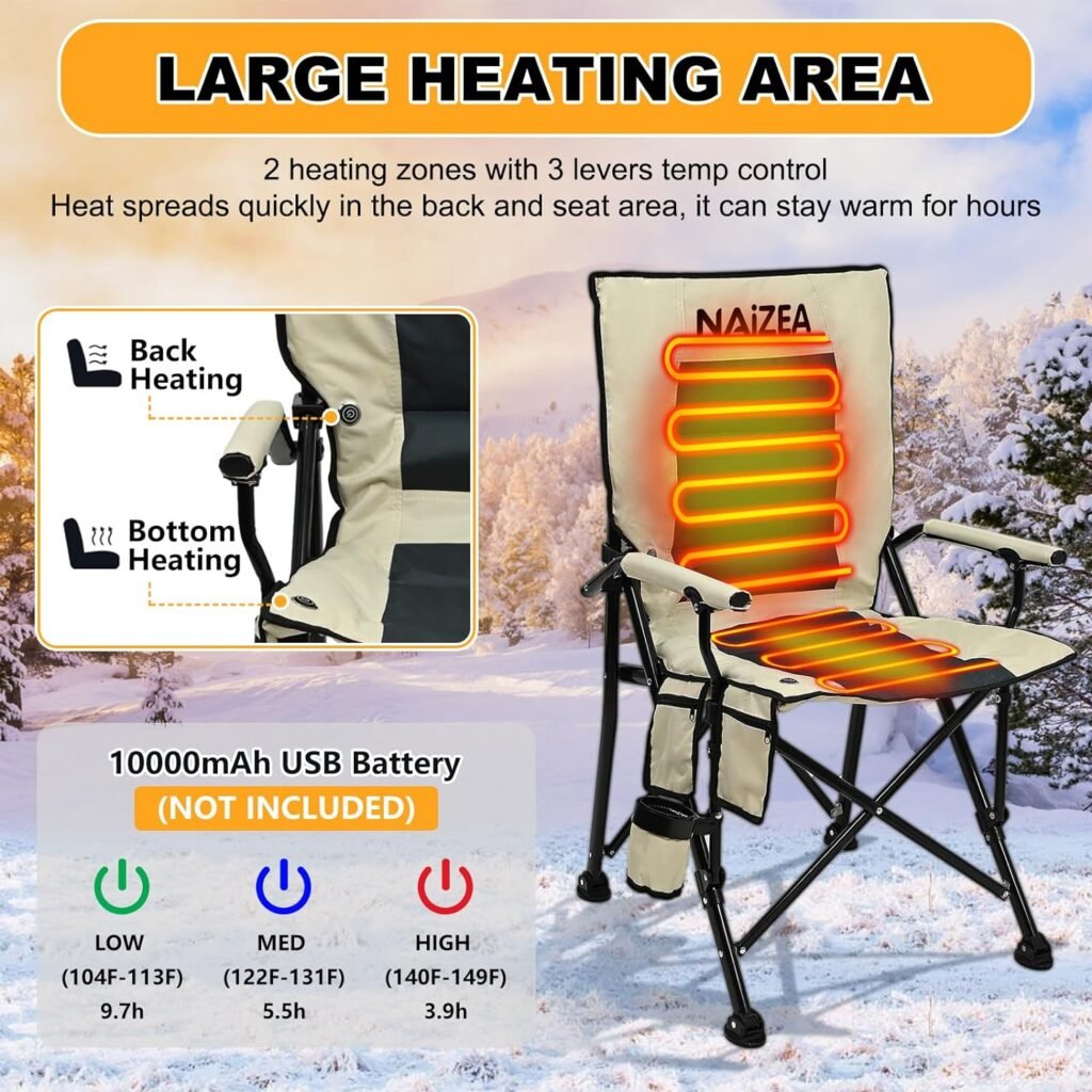 NAIZEA Heated Camping Chair, Oversized Portable Camping Chairs Heated Chair Padded Camp Chair, Outdoor Folding Chairs Sports Chair Outdoor Chair Lawn Chairs Beach Chair