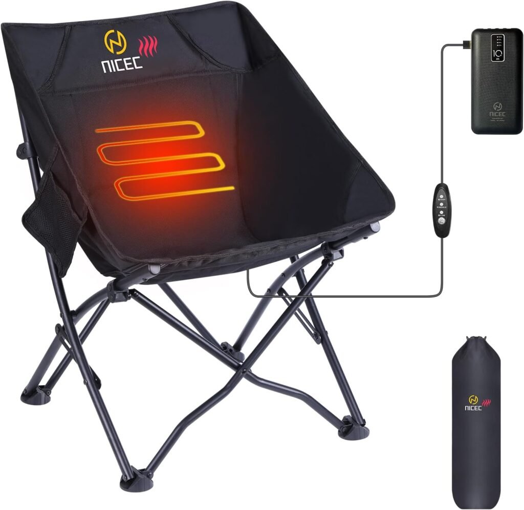 Nice C Heated Camping Chairs, Fold Chair, Portable Chair, Backpacking Chair, Compact  Heavy Duty Outdoor, Travel, Picnic, Festival with 2 Side PocketsCarry Bag, Power Bank Included (1 Pack)