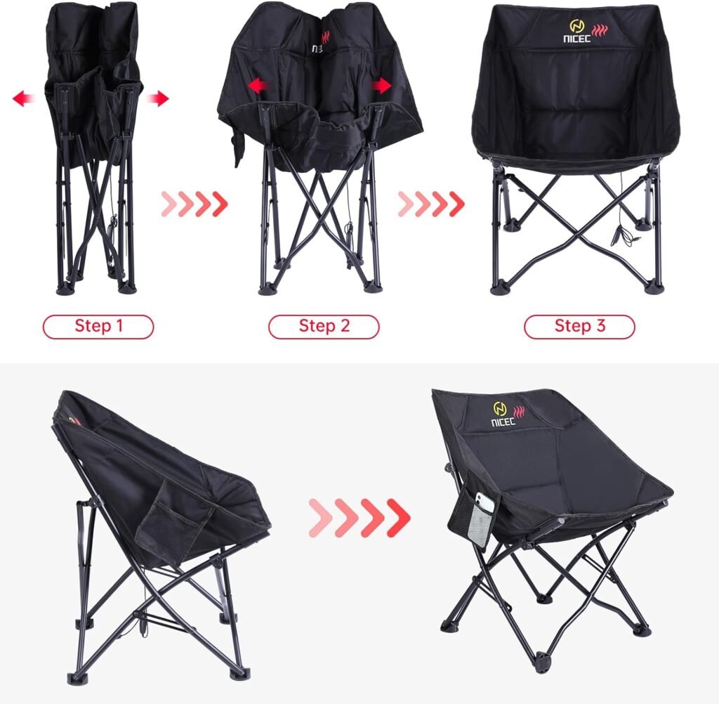 Nice C Heated Camping Chairs, Fold Chair, Portable Chair, Backpacking Chair, Compact  Heavy Duty Outdoor, Travel, Picnic, Festival with 2 Side PocketsCarry Bag, Power Bank Included (1 Pack)