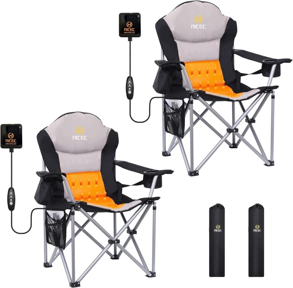 Nice C Outdoor Heated Chair, Heated Camping Chair, Folding Chair, Beach Chair, WideThick Padding, Heavy Duty Cooler, Carry Bag, Cupholder  Side Pockets, 10000mAh Power Bank Included (2 Pack)