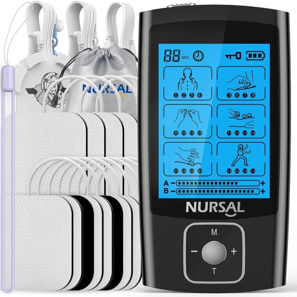 NURSAL TENS EMS Unit Muscle Stimulator for Pain Relief Therapy, Electric 24 Modes Dual Channel TENS Machine Pulse Massager with 12 Pcs Electrode Pads/Continuous Stable Mode/Memory Function